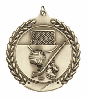 2-3/4 Inch Hockey Medal 3- Dimensional Die Cast Satin in Antique Brass, Pewter or Bronze Finish