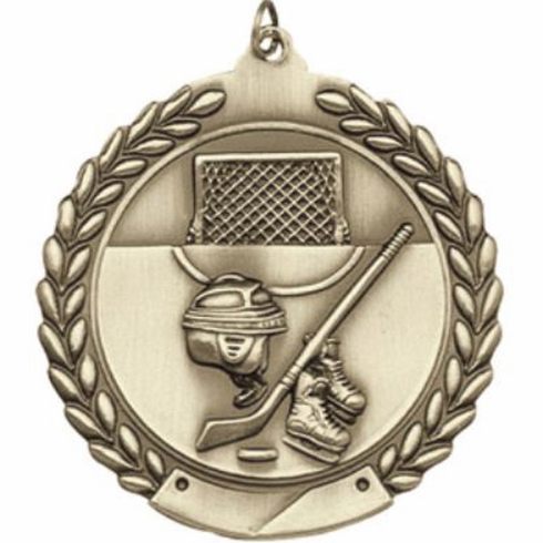 2-3/4 Inch Hockey Medal 3- Dimensional Die Cast Satin in Antique Brass, Pewter or Bronze Finish