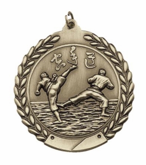 2-3/4 Inch Karate Medal 3- Dimensional Die Cast Satin in Antique Brass, Pewter or Bronze Finish
