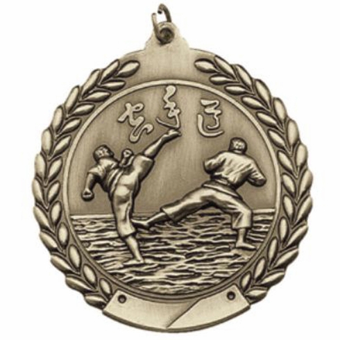 2-3/4 Inch Karate Medal 3- Dimensional Die Cast Satin in Antique Brass, Pewter or Bronze Finish