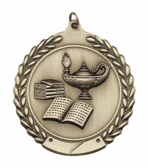 2-3/4 Inch Lamp of Knowledge Medal 3- Dimensional Die Cast Satin in Antique Brass, Pewter or Bronze Finish