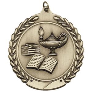 2-3/4 Inch Lamp of Knowledge Medal 3- Dimensional Die Cast Satin in Antique Brass, Pewter or Bronze Finish