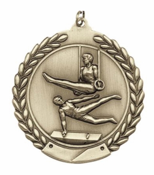 2-3/4 Inch Men's Gymnastics Medal 3- Dimensional Die Cast Satin in Antique Brass, Pewter or Bronze Finish