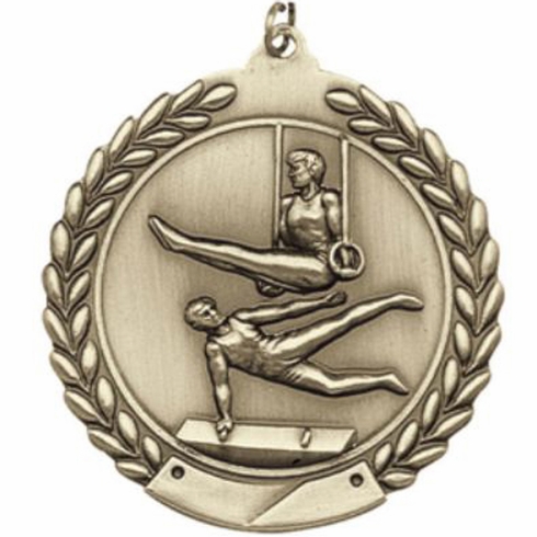 2-3/4 Inch Men's Gymnastics Medal 3- Dimensional Die Cast Satin in Antique Brass, Pewter or Bronze Finish