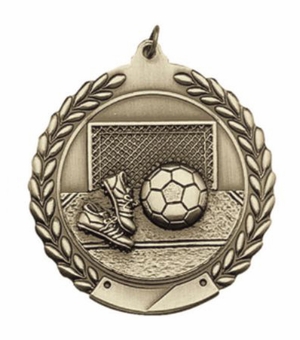 2-3/4 Inch Soccer Medal 3- Dimensional Die Cast Satin in Antique Brass, Pewter or Bronze Finish