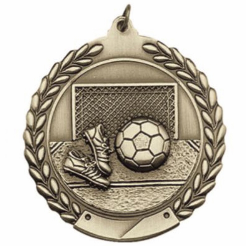 2-3/4 Inch Soccer Medal 3- Dimensional Die Cast Satin in Antique Brass, Pewter or Bronze Finish