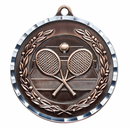 2-3/4 Inch 3-D Tennis Medal in Antique Brass, Pewter or Bronze Finish