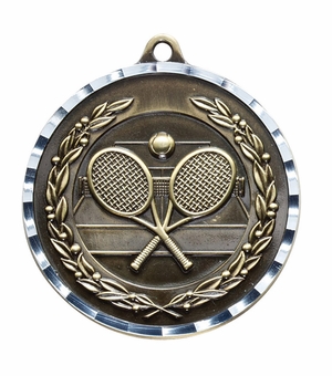 2-3/4 Inch 3-D Tennis Medal in Antique Brass, Pewter or Bronze Finish