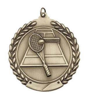 2-3/4 Inch Tennis Medal 3- Dimensional Die Cast Satin in Antique Brass, Pewter or Bronze Finish