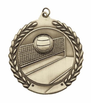 2-3/4 Inch Volleyball Medal 3- Dimensional Die Cast Satin in Antique Brass, Pewter or Bronze Finish