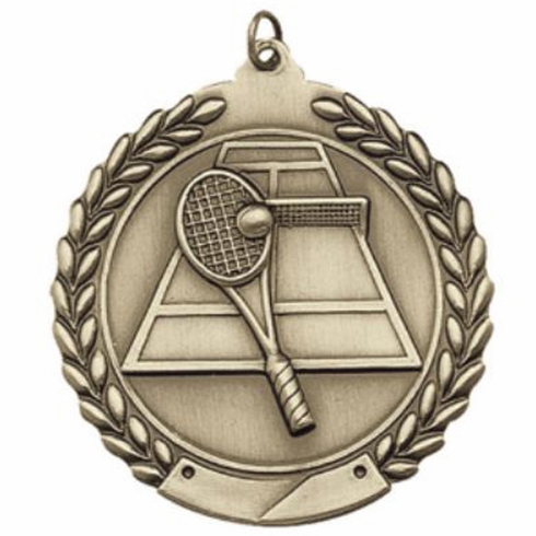 2-3/4 Inch Tennis Medal 3- Dimensional Die Cast Satin in Antique Brass, Pewter or Bronze Finish