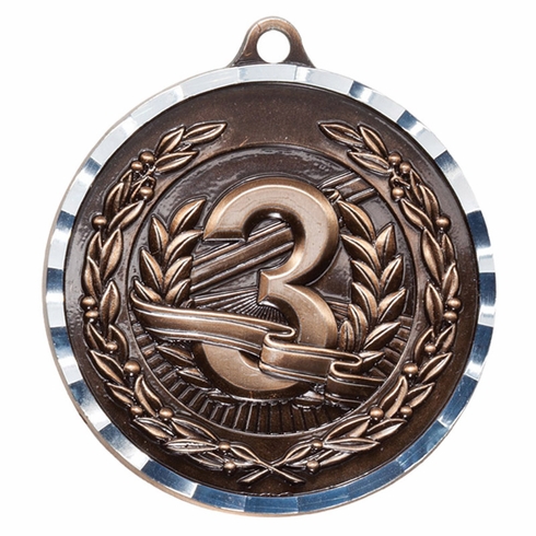 2-3/4 Inch Third Place Medal 3- Dimensional Diamond Engraved Cast Satin in Antique Bronze Finish