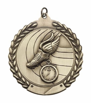2-3/4 Inch Track Medal 3- Dimensional Die Cast Satin in Antique Brass, Pewter or Bronze Finish