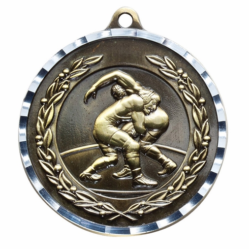 2-3/4 Inch 3-D Wrestling Medal in Antique Brass, Pewter or Bronze Finish