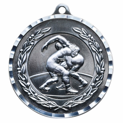 2-3/4 Inch 3-D Wrestling Medal in Antique Brass, Pewter or Bronze Finish