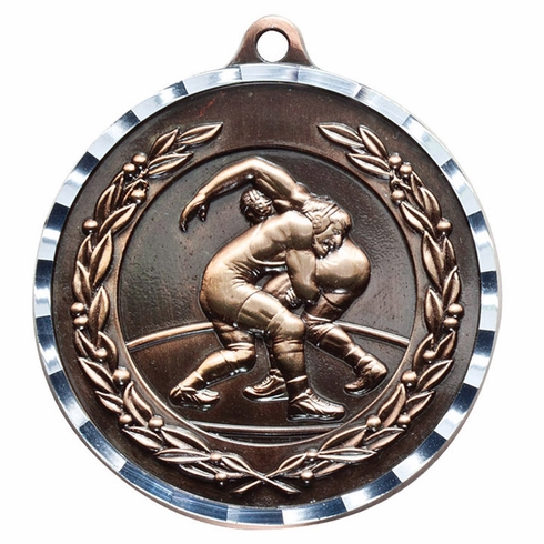 2-3/4 Inch 3-D Wrestling Medal in Antique Brass, Pewter or Bronze Finish