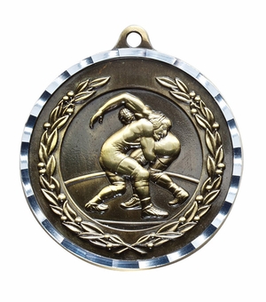 2-3/4 Inch 3-D Wrestling Medal in Antique Brass, Pewter or Bronze Finish