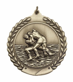 2-3/4 Inch Wrestling Medal 3- Dimensional Die Cast Satin in Antique Brass, Pewter or Bronze Finish