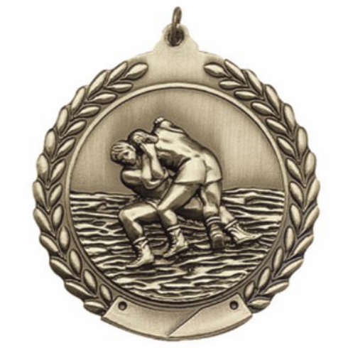 2-3/4 Inch Wrestling Medal 3- Dimensional Die Cast Satin in Antique Brass, Pewter or Bronze Finish
