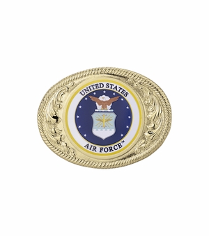 2-3/4 x 3-5/8 INCH GOLD OVAL DIE CAST BELT BUCKLE WITH 2 INCH UNITED STATES AIR FORCE INSERT