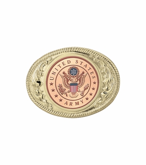 2-3/4 x 3-5/8 INCH GOLD OVAL DIE CAST BELT BUCKLE WITH 2 INCH UNITED STATES ARMY SYMBOL INSERT