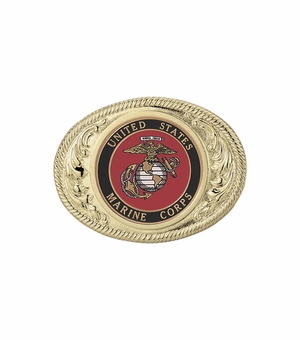 2-3/4 x 3-5/8 INCH GOLD OVAL DIE CAST BELT BUCKLE WITH 2 INCH UNITED STATES MARINE CORPS INSERT