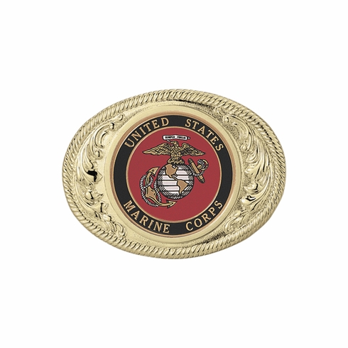 2-3/4 x 3-5/8 INCH GOLD OVAL DIE CAST BELT BUCKLE WITH 2 INCH UNITED STATES MARINE CORPS INSERT