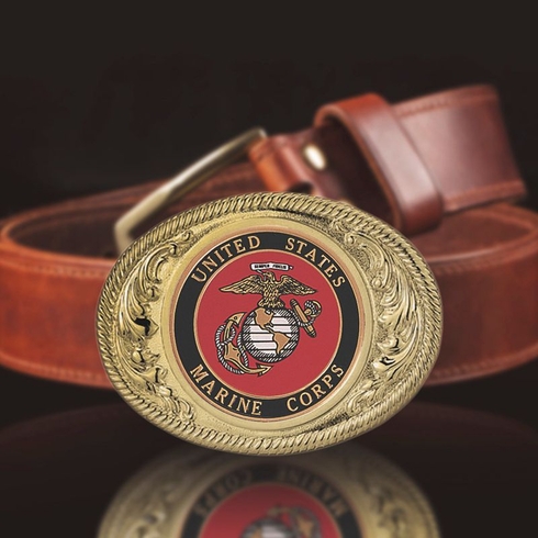 2-3/4 x 3-5/8 INCH GOLD OVAL DIE CAST BELT BUCKLE WITH 2 INCH UNITED STATES MARINE CORPS INSERT