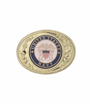 2-3/4 x 3-5/8 INCH GOLD OVAL DIE CAST BELT BUCKLE WITH 2 INCH UNITED STATES NAVY INSERT
