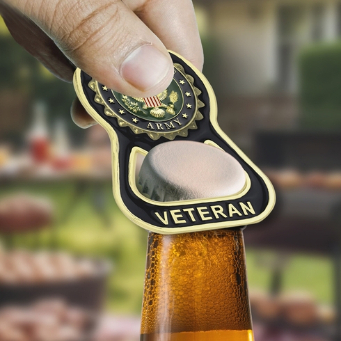 2-7/8 x 1-7/8 INCH BRIGHT GOLD ARMY VETERAN BOTTLE OPENER KEYCHAIN WITH SOFT EPOXY ENAMEL UNITED STATES ARMY EMBLEM