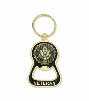 2-7/8 x 1-7/8 INCH BRIGHT GOLD ARMY VETERAN BOTTLE OPENER KEYCHAIN WITH SOFT EPOXY ENAMEL UNITED STATES ARMY EMBLEM