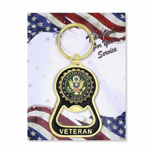 2-7/8 x 1-7/8 INCH BRIGHT GOLD ARMY VETERAN BOTTLE OPENER KEYCHAIN WITH SOFT EPOXY ENAMEL UNITED STATES ARMY EMBLEM