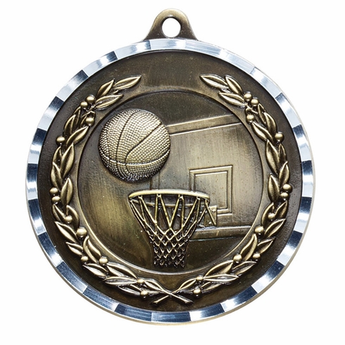 2 Inch Basketball Themed Brass Medal with Customizable Back in Gold, Silver, or Bronze