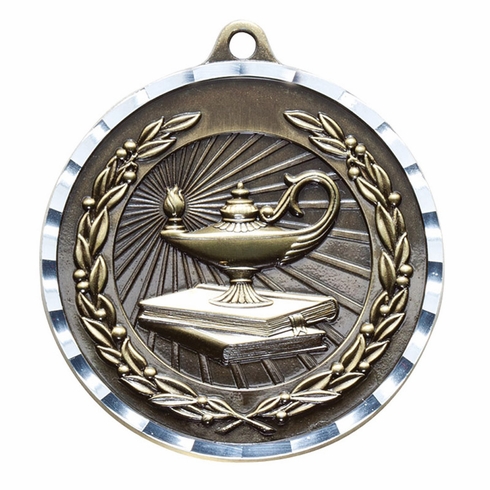2 Inch Brass Lamp of Knowledge Medal with Customizable Back in Gold, Silver, or Bronze