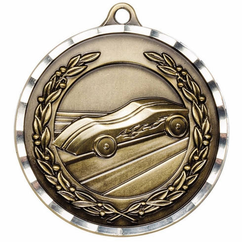 2 Inch Brass Pinewood Derby Themed Medal with Customizable Back in Gold, Silver, or Bronze