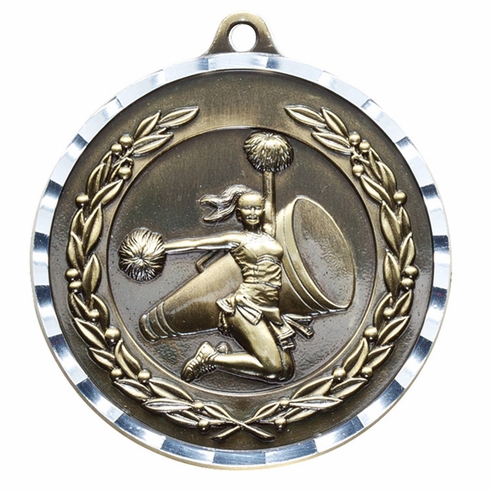 2 Inch Cheer Themed Diamond-Engraved Brass Medal with Customizable Back in Gold, Silver, or Bronze