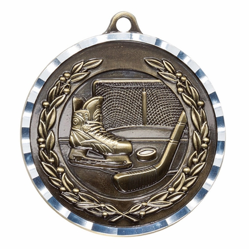 2 Inch Hockey Themed Brass Medal with Customizable Back in Gold, Silver, or Bronze