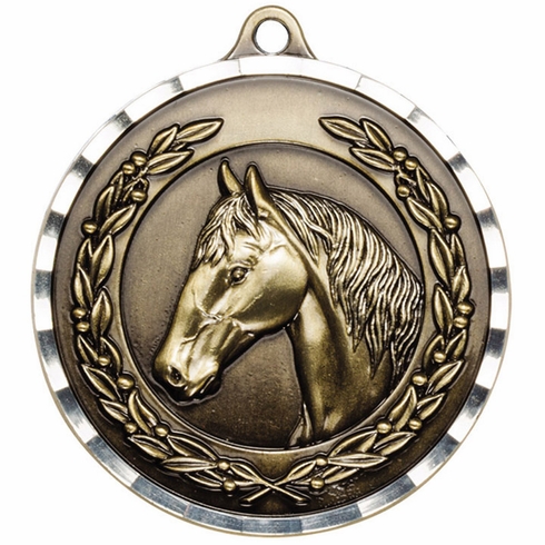2 Inch Horse Themed Brass Medal in Gold, Silver, or Bronze with Customizable Back