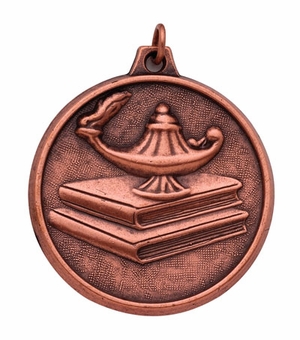 2 INCH LAMP OF LEARNING WITH BOOKS MEDAL, BRONZE