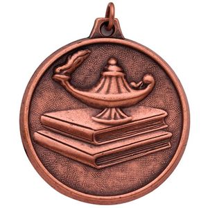 2 INCH LAMP OF LEARNING WITH BOOKS MEDAL, BRONZE