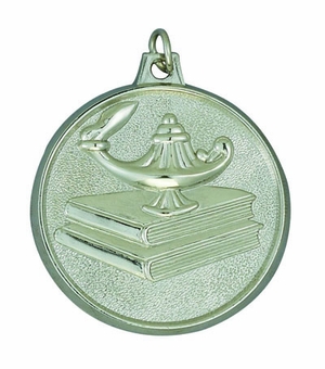 2 INCH LAMP OF LEARNING WITH BOOKS MEDAL, SILVER