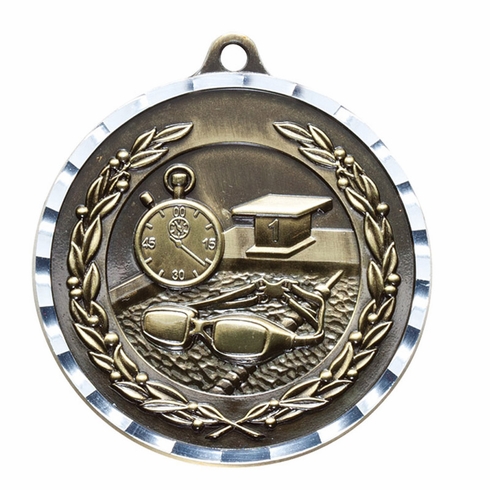 2 Inch Swimming Themed Brass Sports Medal in Gold, Silver, or Bronze with Customizable Back