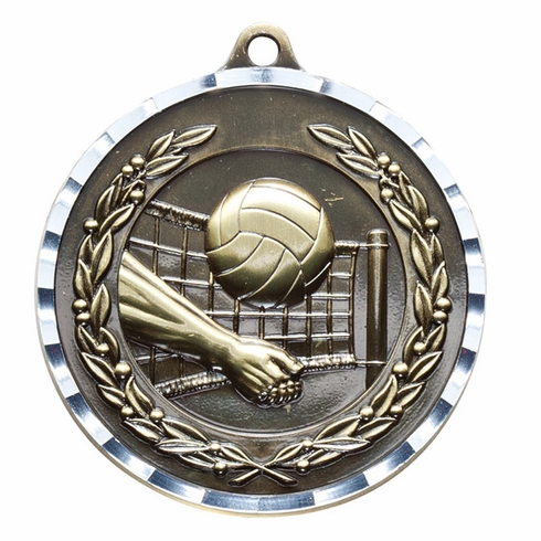 2 Inch Volleyball Themed Diamond-Engraved Brass Medal in Gold, Silver, or Bronze with Customizable Back
