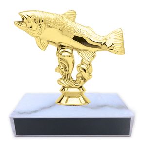 4-1/4 INCH HEIGHT TROUT FISHING TROPHY ON WHITE MARBLE BASE