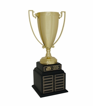 20-1/2 INCH  PERPETUAL TROPHY WITH 13 INCH GOLD CUP ON BLACK BASE, 48 PLATES