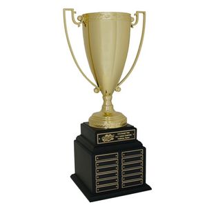 20-1/2 INCH  PERPETUAL TROPHY WITH 13 INCH GOLD CUP ON BLACK BASE, 48 PLATES