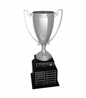 20-1/2 INCH  PERPETUAL TROPHY WITH 13 INCH SILVER CUP ON BLACK BASE