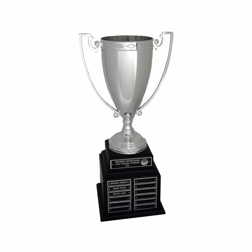 20-1/2 INCH  PERPETUAL TROPHY WITH 13 INCH SILVER CUP ON BLACK BASE, 48 PLATES