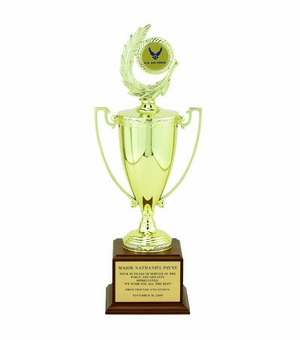 20-1/2 INCH TROPHY WITH 10-1/4 INCH GOLD CUP ON WALNUT BASE