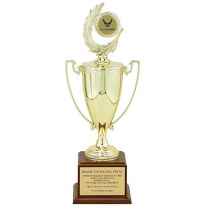 20-1/2 INCH TROPHY WITH 10-1/4 INCH GOLD CUP ON WALNUT BASE